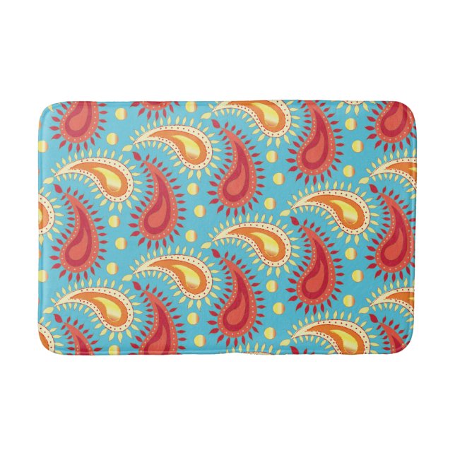 Oriental Turquoise Orange Persian Paisley Pattern Bath Mat (Front)