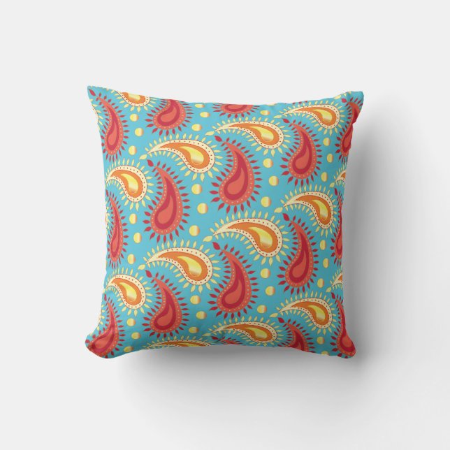 Oriental Turquoise Orange Persian Paisley Pattern Cushion (Front)
