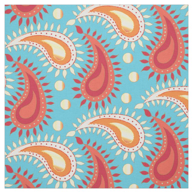 Oriental Turquoise Orange Persian Paisley Pattern Fabric (Swatch)