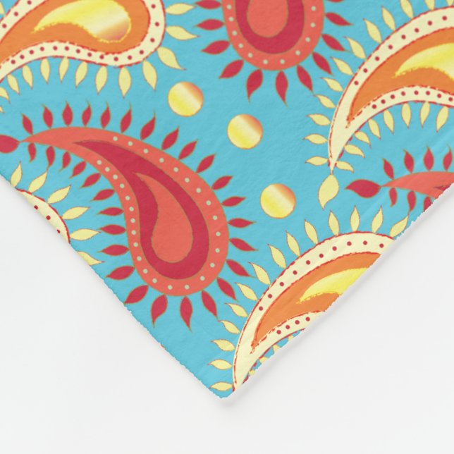 Oriental Turquoise Orange Persian Paisley Pattern Fleece Blanket (Corner)