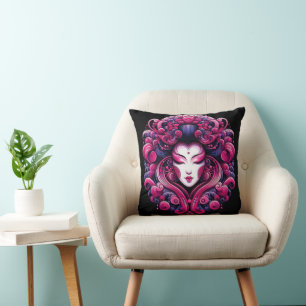 Oriental vector abstract Geisha fractal pink waves Cushion
