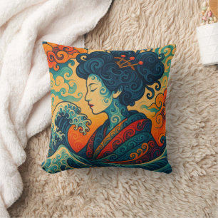 Oriental vector abstract Geisha Kanagawa waves Cushion
