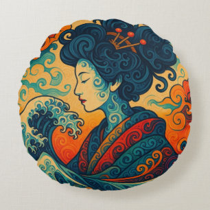 Oriental vector abstract Geisha Kanagawa waves Round Cushion
