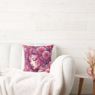 Oriental vector abstract Geisha pink fractal waves Cushion
