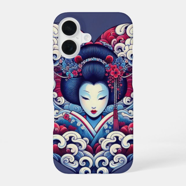 Oriental vector blue violet abstract Geisha waves iPhone 16 Case (Back)