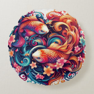 Oriental vibrant abstract koi fishes and waves round cushion
