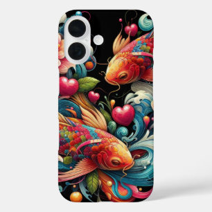 Oriental vibrant abstract koi fishes waves hearts iPhone 16 case