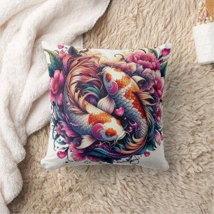 Oriental vibrant abstract koi fishes waves sakura cushion
