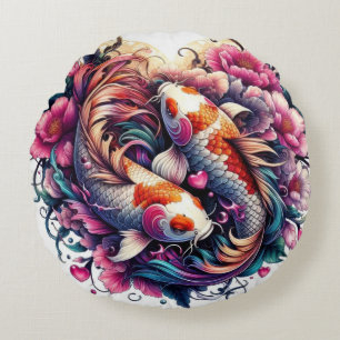 Oriental vibrant abstract koi fishes waves sakura round cushion
