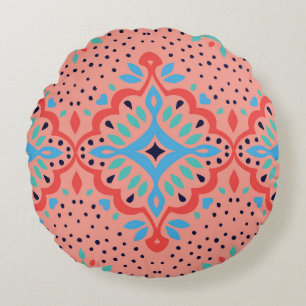 Oriental Vintage damask pattern. Talavera pottery. Round Cushion