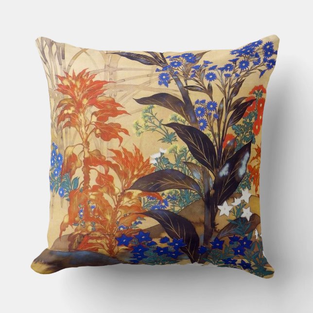Oriental watercolour vibrant vintage flowers art cushion (Front)
