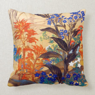 Oriental watercolour vibrant vintage flowers art cushion