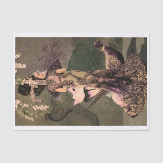 Oriental Woman Pheasant Peony Portrait Tissue Paper (Front)