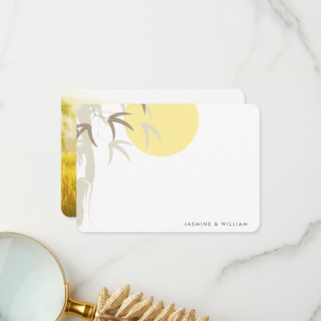 Oriental Yellow Sunrise Bamboo Wedding Thank You Card (Front/Back In Situ)