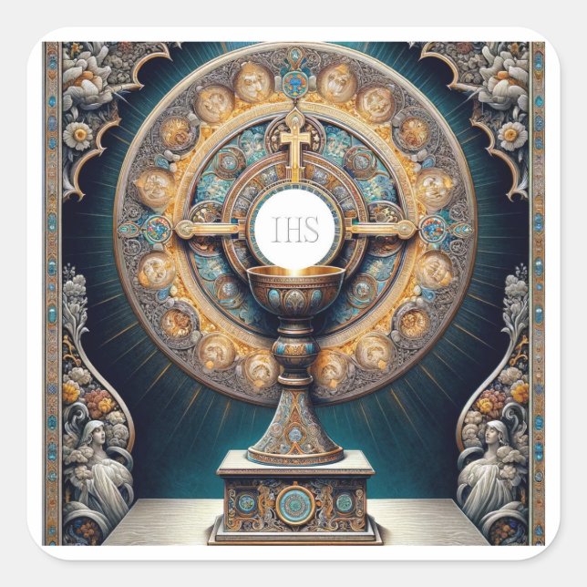 Orientalism Style Communion Host and Chalice Square Sticker (Front)