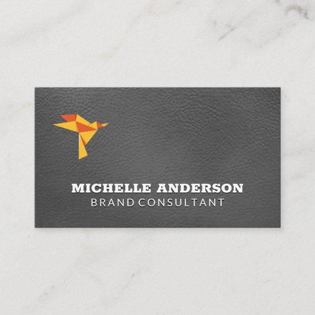 Origami Bird Icon | Elegant Leather Business Card (Front)