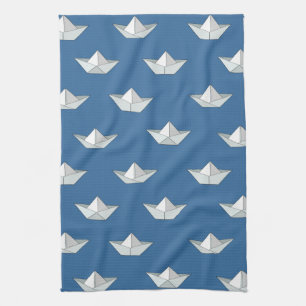 Origami Boats On The Water Pattern Tea Towel