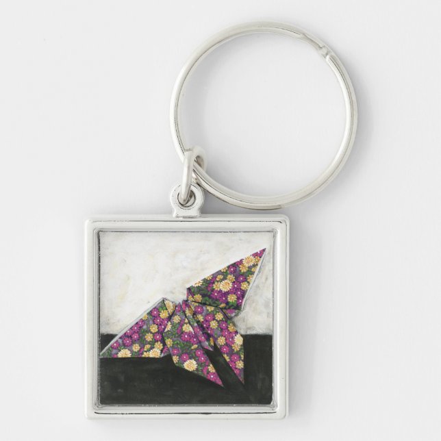 Origami Butterfly on Floral Paper Key Ring (Front)