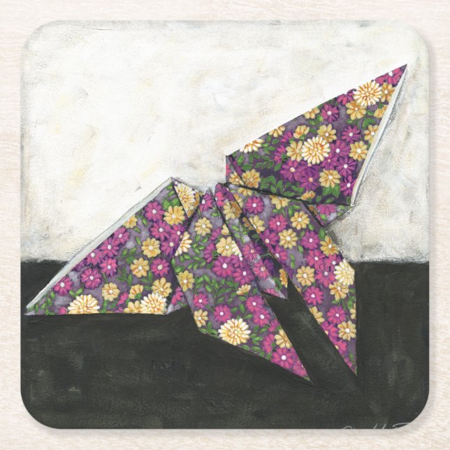 Origami Butterfly on Floral Paper Square Paper Coaster (Front)