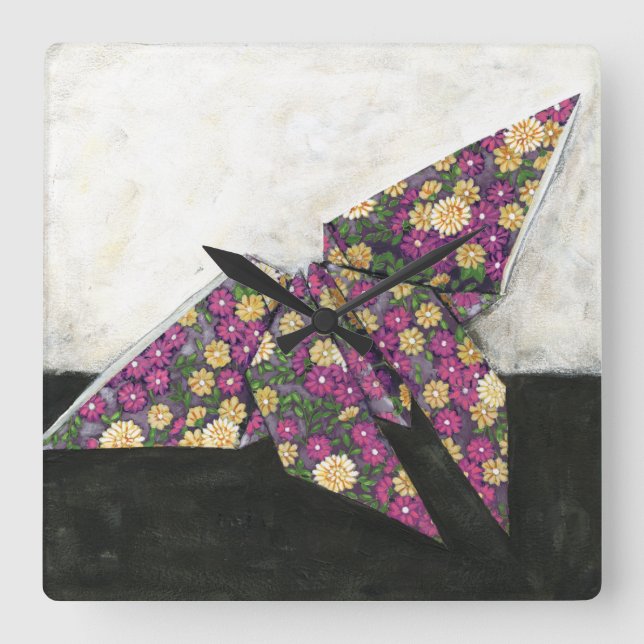 Origami Butterfly on Floral Paper Square Wall Clock (Front)