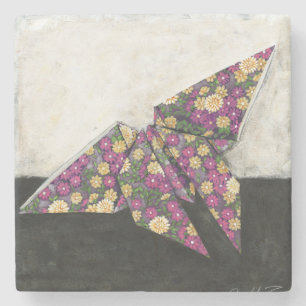 Origami Butterfly on Floral Paper Stone Coaster