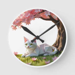 Origami Cat under a Cherry Blossom Round Clock