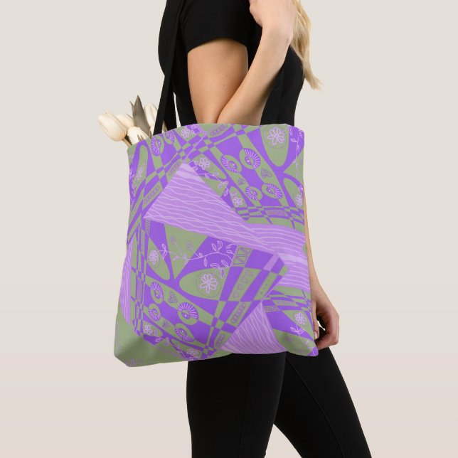 Origami Chintz (L) Dusty Green Purple Leggings Tote Bag (Close Up)