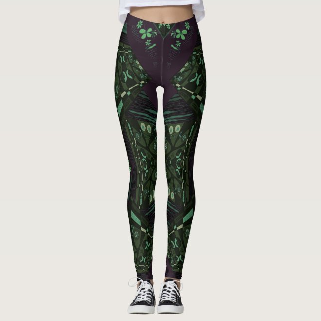Origami Chintz (L) Green Jade Black Cream Purple   Leggings (Front)