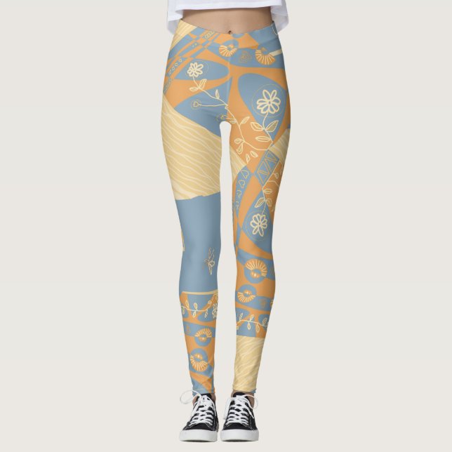 Origami Chintz (L) Mid Orange Gunmetal Grey Leggings (Front)