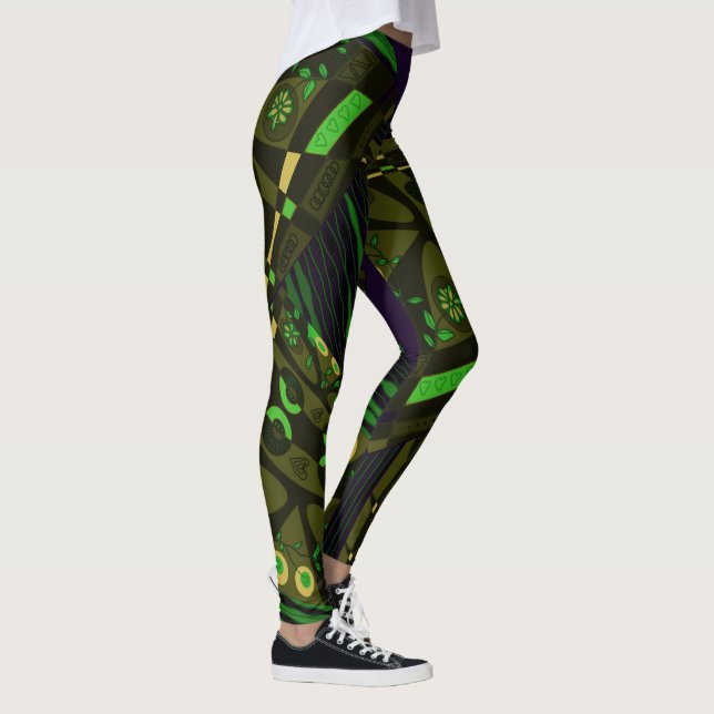 Origami Chintz (L) Olive Green Yellow Black Indigo Leggings (Right)