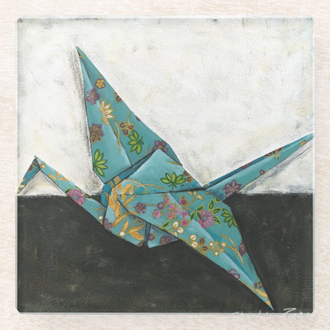 Origami Crane with Floral Designs Glass Coaster (Front)