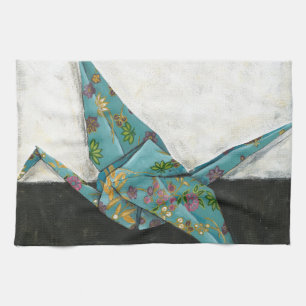 Origami Crane with Floral Designs Tea Towel