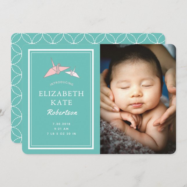Origami Cranes Photo Teal Birth Announcement Card (Front/Back)