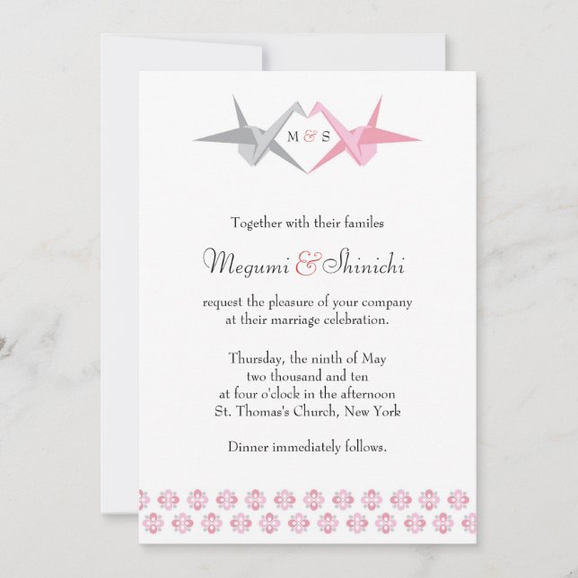 Origami Cranes (Pink & Silver) Wedding Invitation (Front)