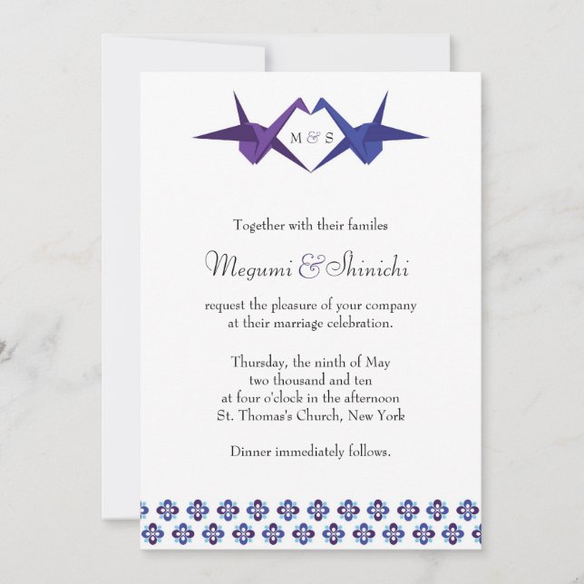 Origami Cranes Wedding (Blue & Purple) Invitation (Front)