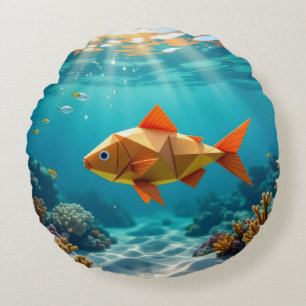 Origami fish and seahorse ocean round cushion