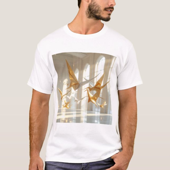 Origami Flight – Suspended Paper Birds in Sunlit  T-Shirt (Front)