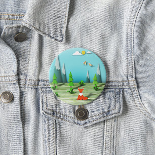 Origami Forest Scene with Fox Mountains and Birds  7.5 Cm Round Badge