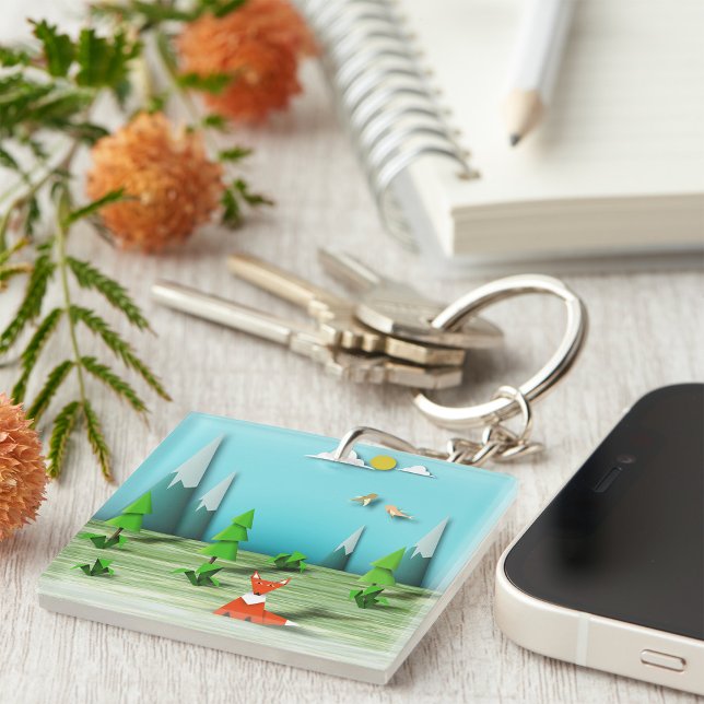 Origami Forest Scene with Fox Mountains and Birds  Key Ring (Creator Uploaded)