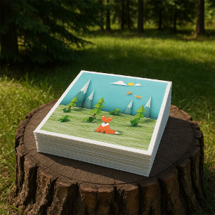 Origami Forest Scene with Fox Mountains and Birds  Napkin