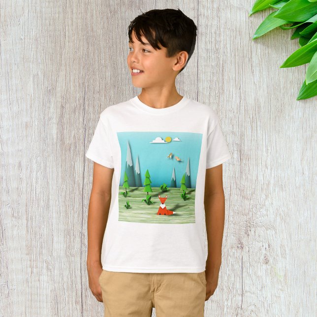 Origami Forest Scene with Fox Mountains and Birds  T-Shirt (Creator Uploaded)