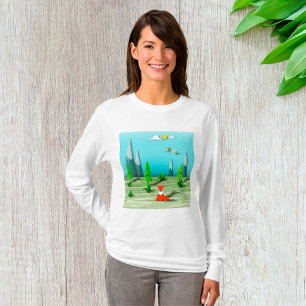 Origami Forest Scene with Fox Mountains and Birds T-Shirt