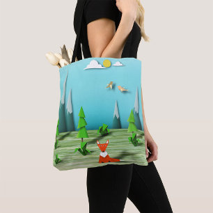 Origami Forest Scene with Fox Mountains and Birds  Tote Bag