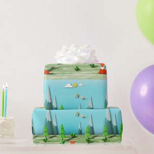 Origami Forest Scene with Fox Mountains and Birds  Wrapping Paper