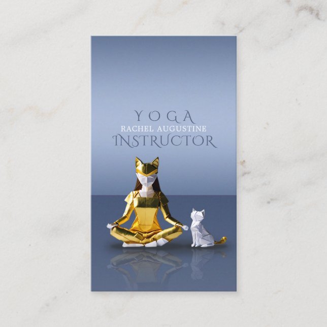 Origami Gold Foil Yoga Meditating Catwoman and Cat Business Card (Front)