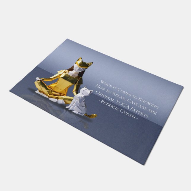 Origami Gold Foil Yoga Meditating Catwoman and Cat Doormat (Angled)
