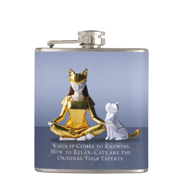 Origami Gold Foil Yoga Meditating Catwoman and Cat Hip Flask (Front)