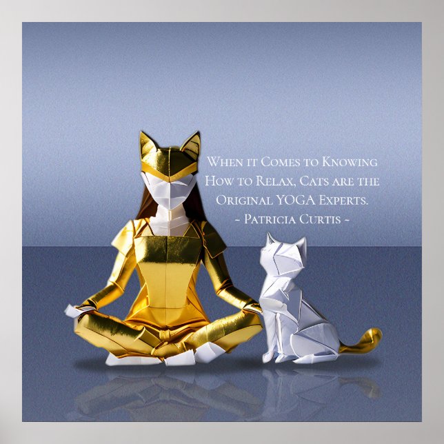 Origami Gold Foil Yoga Meditating Catwoman and Cat Poster (Front)