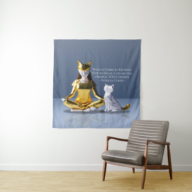 Origami Gold Foil Yoga Meditating Catwoman and Cat Tapestry (In Situ)