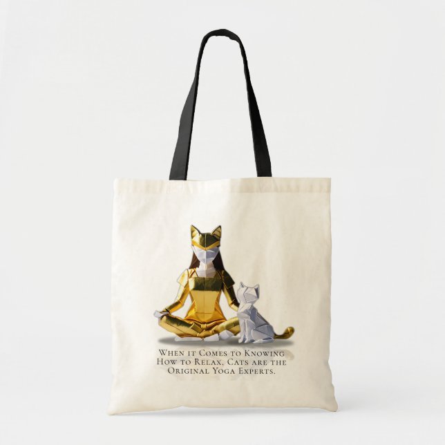 Origami Gold Foil Yoga Meditating Catwoman and Cat Tote Bag (Front)